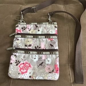 LeSportsac 3 zipper cross body bag purse floral birds cats adjustable strap